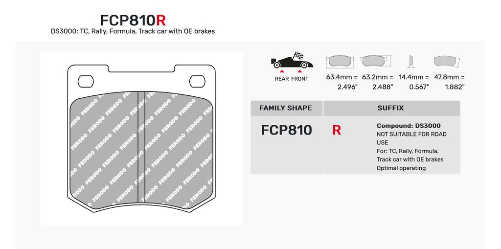 FCP810R Ferodo brake pads to suit Alcon calipers. Ferodo catalogue page with sizes and compound description.
